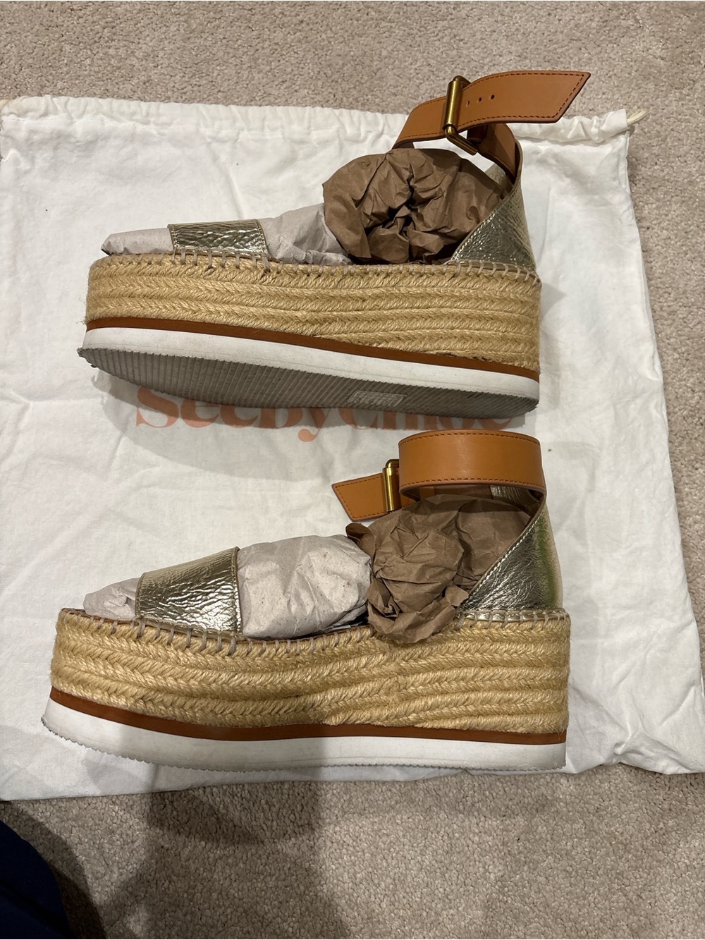 See By Chloe Metallic Gold and Tan Espadrille Wedge Sandals - Picture 3 of 7